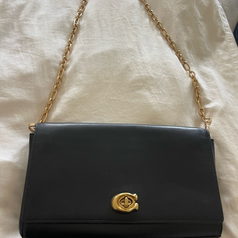 Coach Black Leather Shoulder Bag with Gold Chain